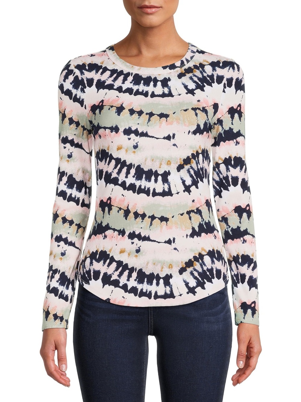 Women's Long Sleeve Tie-Dye Crewneck Top - Pastel Multi